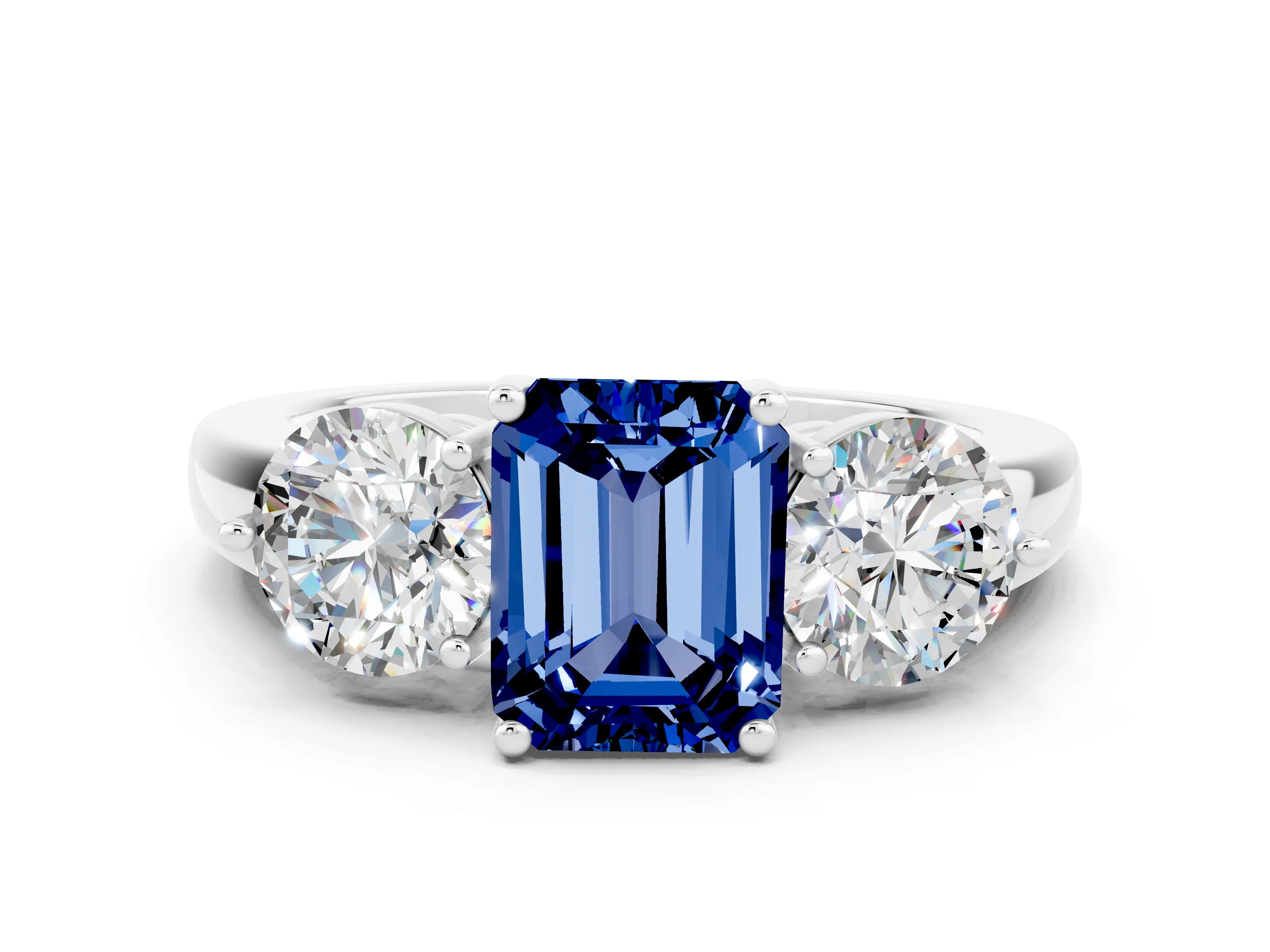 White gold Emerald Cut Blue Sapphire Three-Stone Ring with Prong Setting and Classic Band