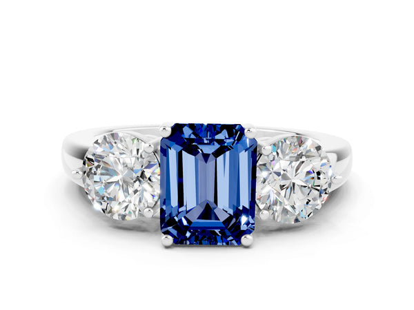 Platinum Emerald Cut Blue Sapphire Three-Stone Ring with Prong Setting and Classic Band