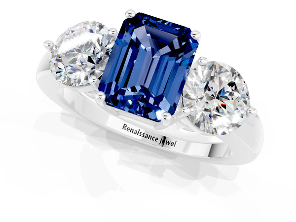 White gold Emerald Cut Blue Sapphire Three-Stone Ring with Prong Setting and Classic Band