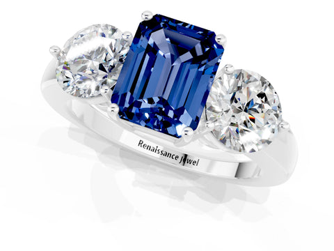 White gold Emerald Cut Blue Sapphire Three-Stone Ring with Prong Setting and Classic Band_1