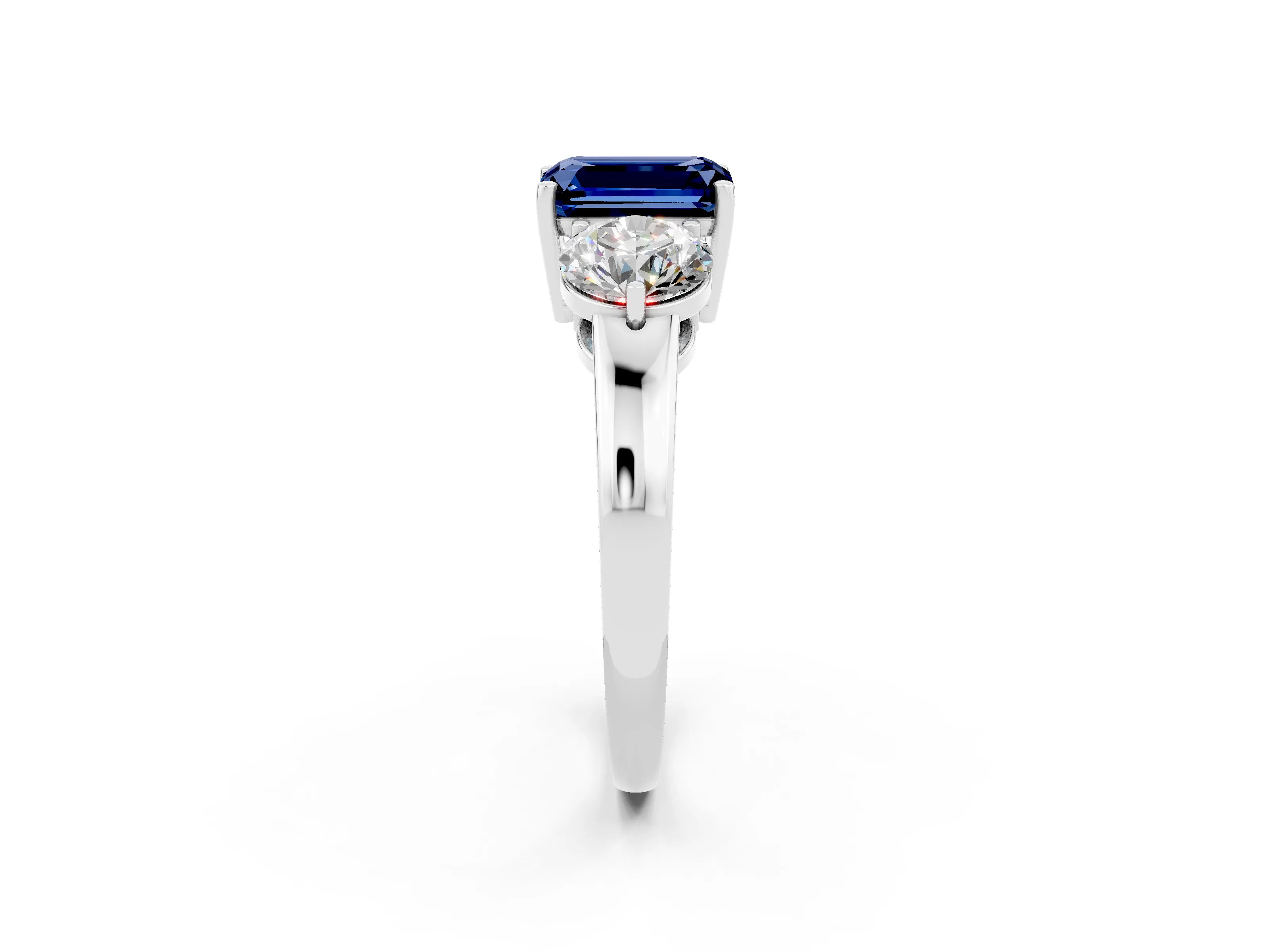White gold Emerald Cut Blue Sapphire Three-Stone Ring with Prong Setting and Classic Band_2