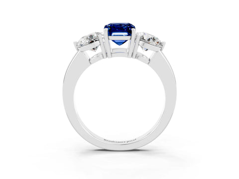 White gold Emerald Cut Blue Sapphire Three-Stone Ring with Prong Setting and Classic Band_3