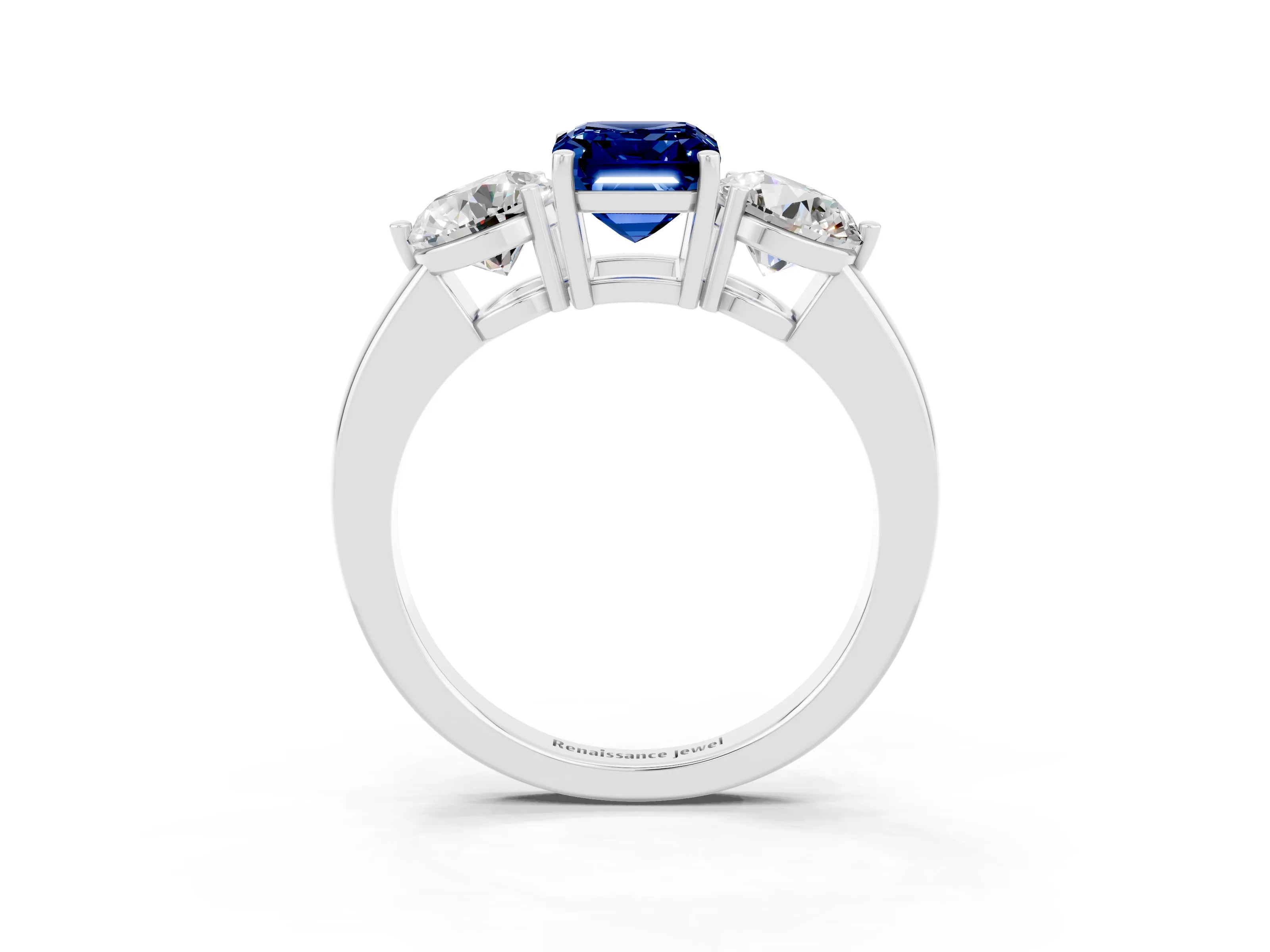 White gold Emerald Cut Blue Sapphire Three-Stone Ring with Prong Setting and Classic Band_3