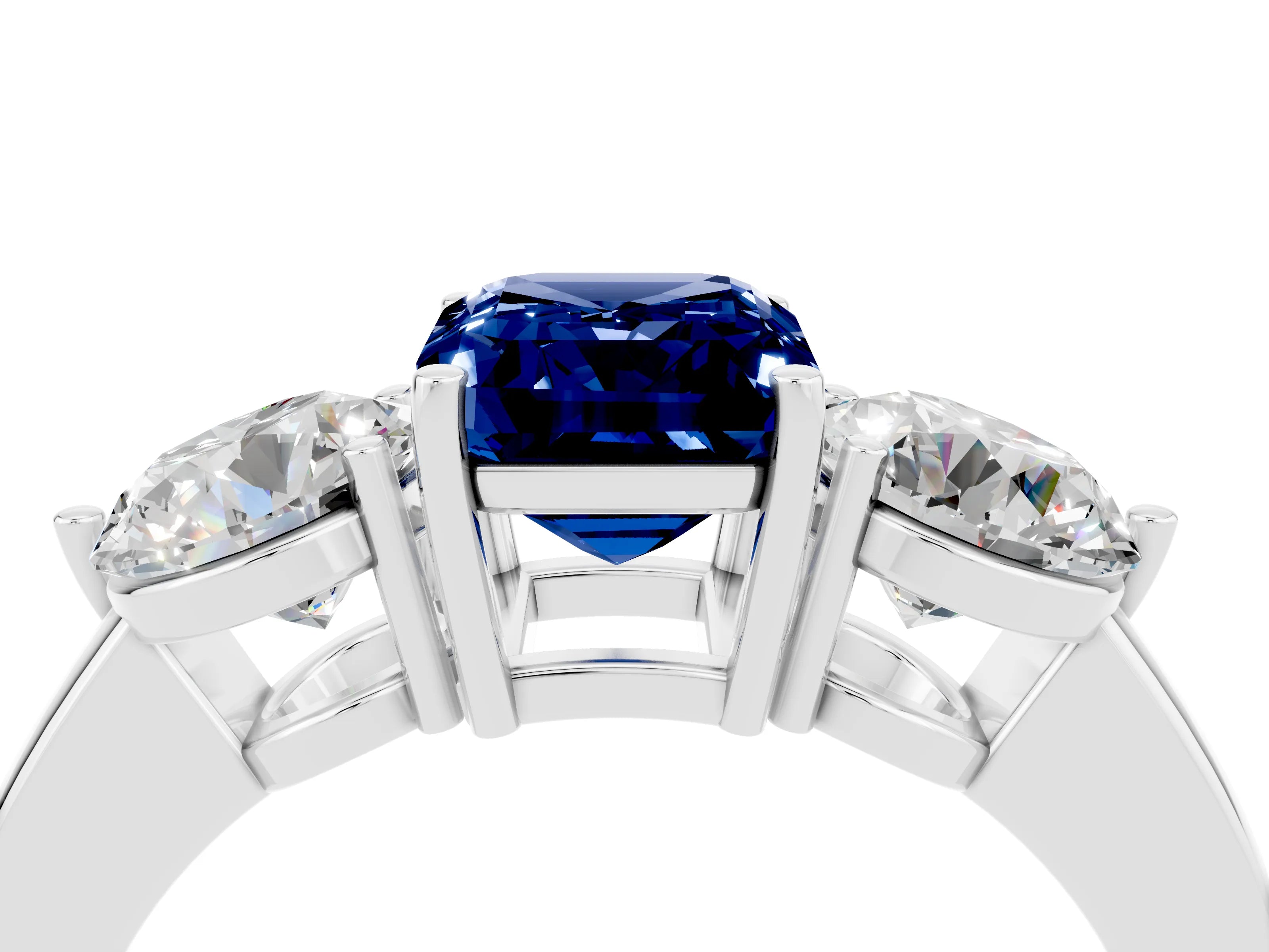 White gold Emerald Cut Blue Sapphire Three-Stone Ring with Prong Setting and Classic Band_4