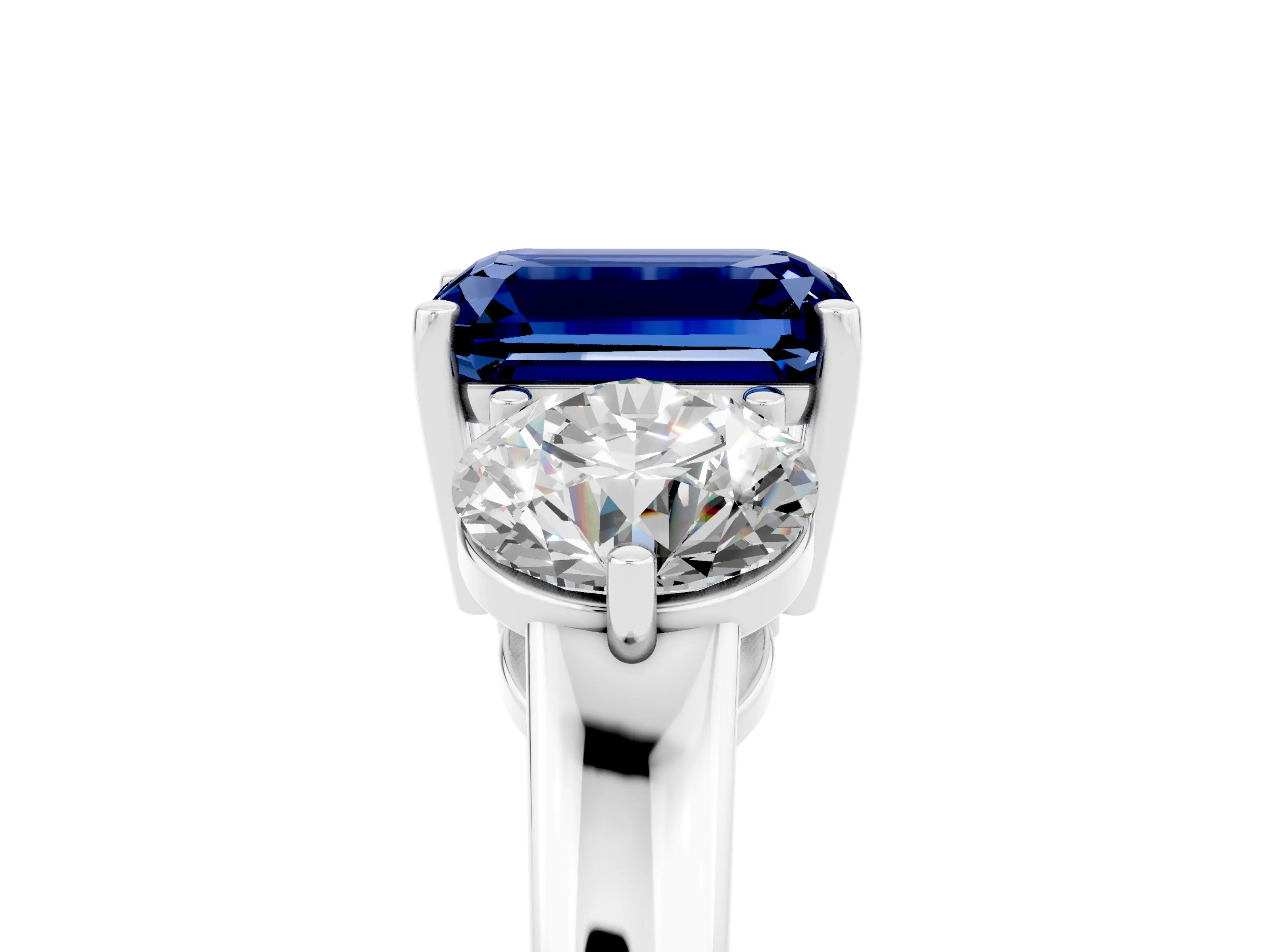 White gold Emerald Cut Blue Sapphire Three-Stone Ring with Prong Setting and Classic Band_5