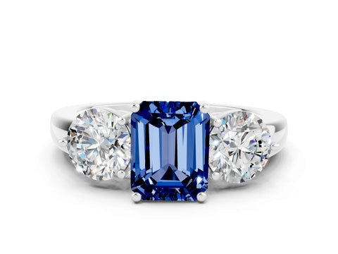 White gold Emerald Cut Blue Sapphire Three-Stone Ring with Prong Setting and Classic Band