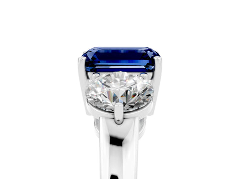 White gold Emerald Cut Blue Sapphire Three-Stone Ring with Prong Setting and Classic Band_5