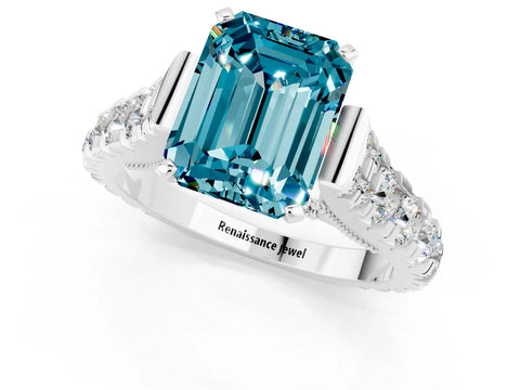 White gold Emerald Cut Blue Topaz Classic Solitaire Ring with Pavé Band and Four-Prong Setting_1