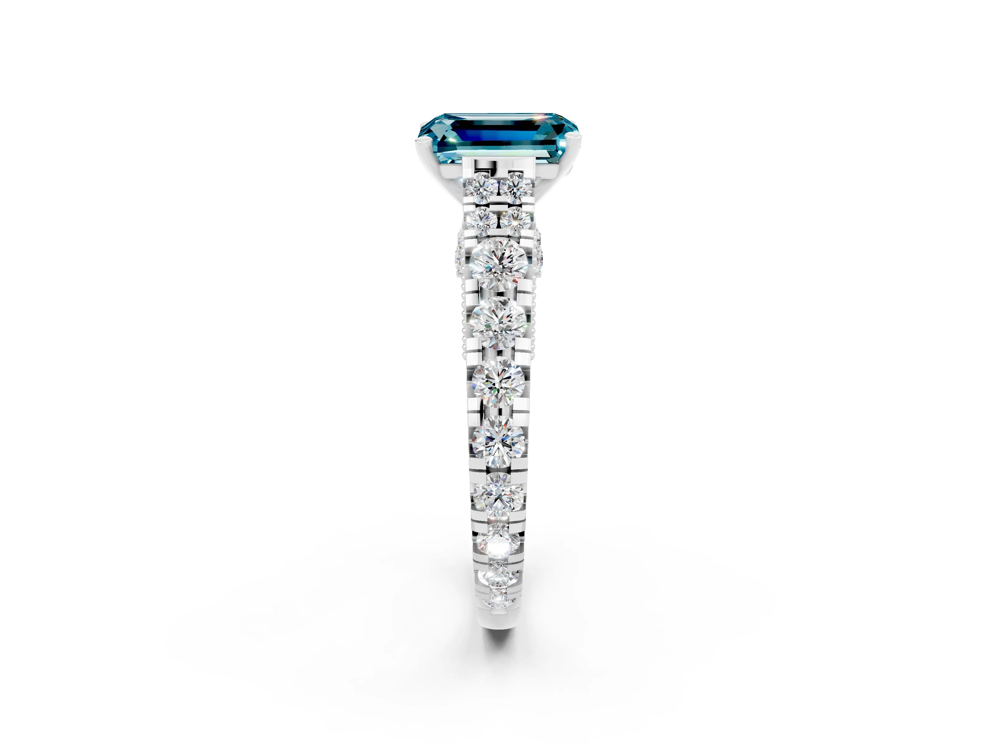 White gold Emerald Cut Blue Topaz Classic Solitaire Ring with Pavé Band and Four-Prong Setting_2