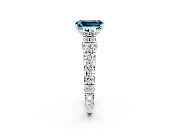 Silver Emerald Cut Blue Topaz Classic Solitaire Ring with Pavé Band and Four-Prong Setting
