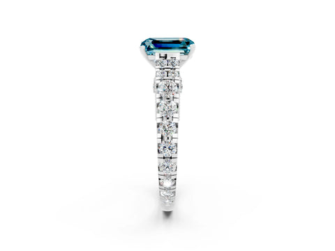 White gold Emerald Cut Blue Topaz Classic Solitaire Ring with Pavé Band and Four-Prong Setting_2