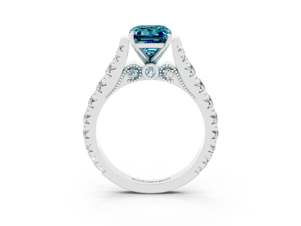 White gold Emerald Cut Blue Topaz Classic Solitaire Ring with Pavé Band and Four-Prong Setting