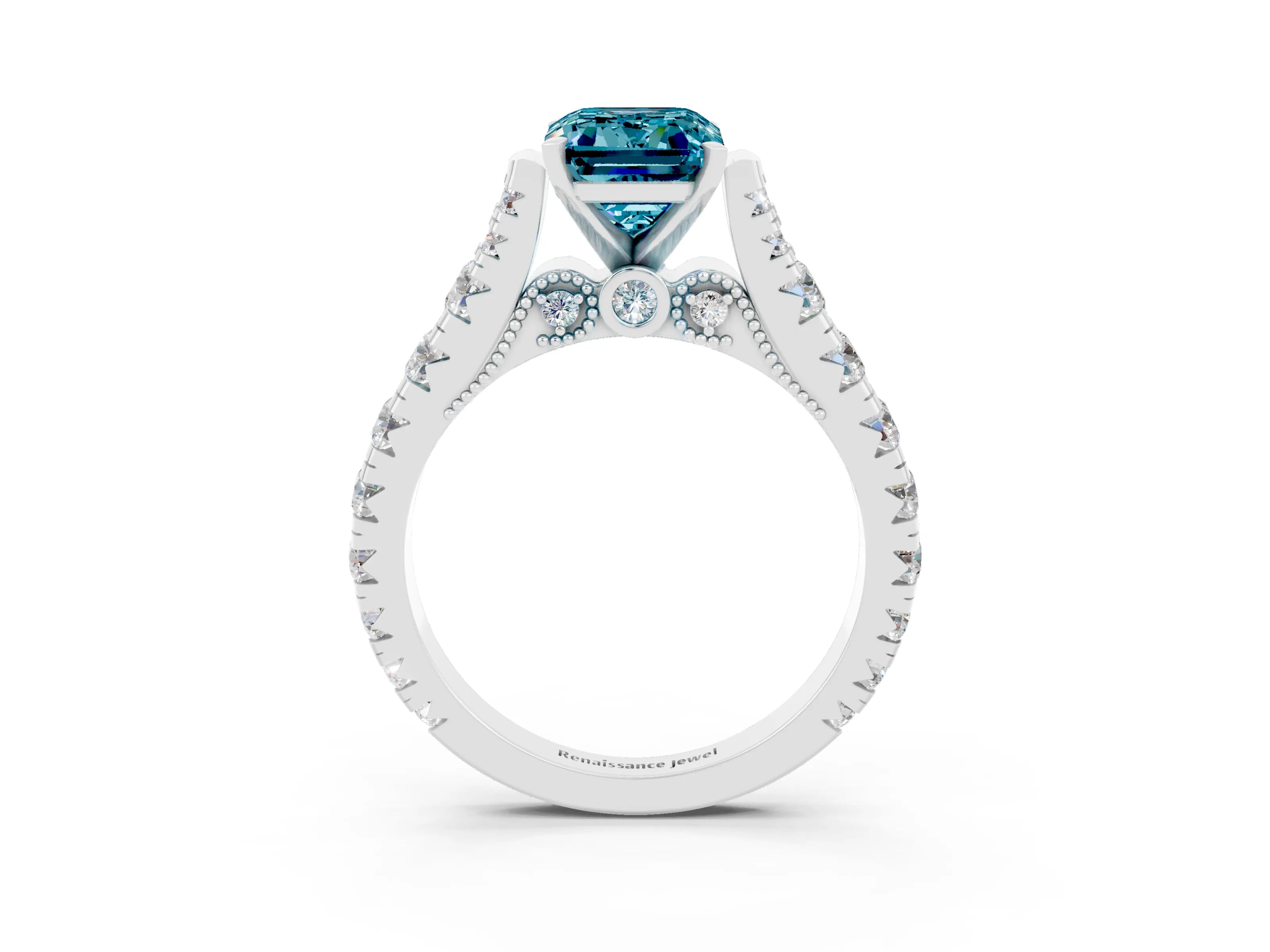 White gold Emerald Cut Blue Topaz Classic Solitaire Ring with Pavé Band and Four-Prong Setting_3