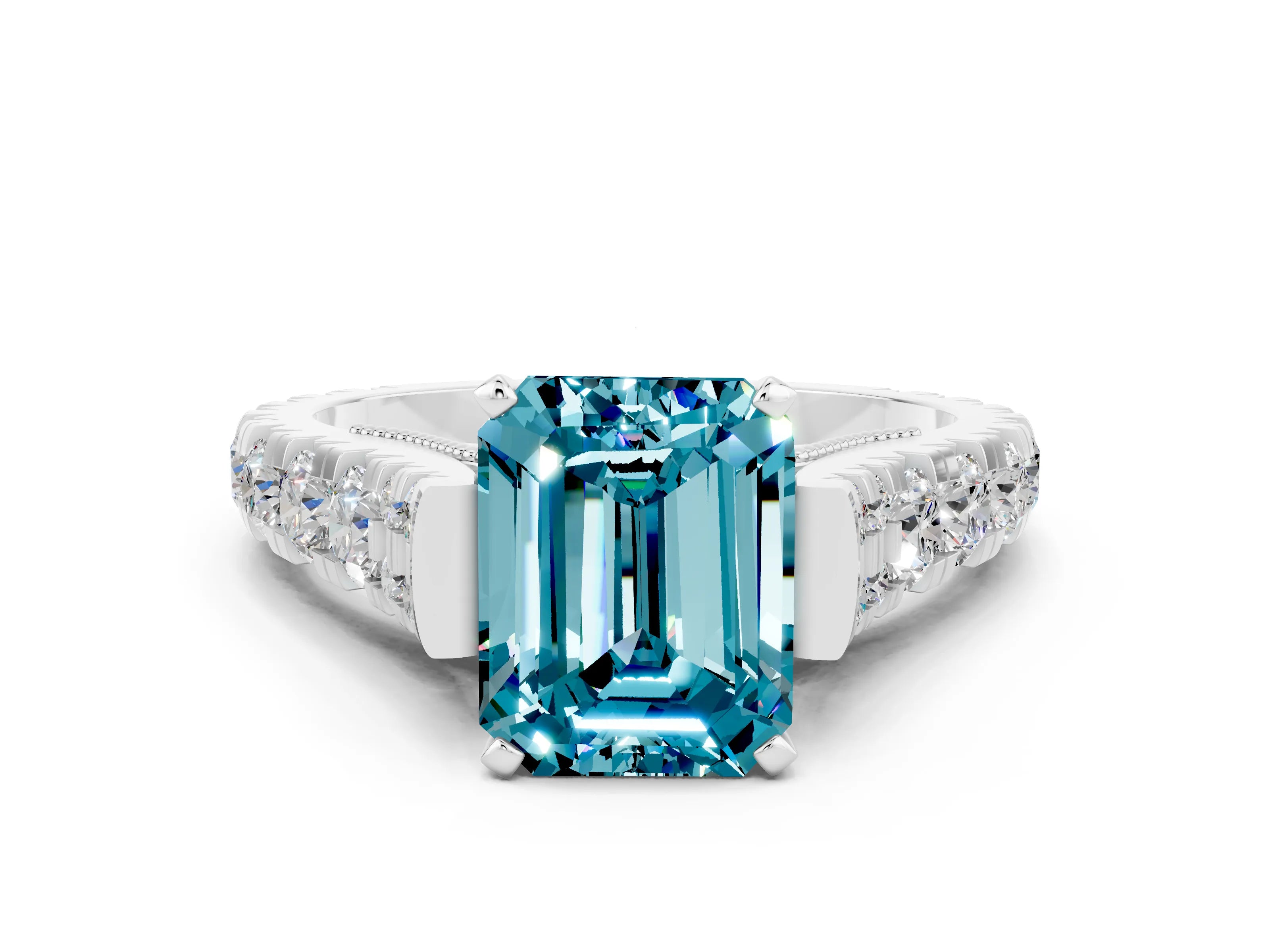 White gold Emerald Cut Blue Topaz Classic Solitaire Ring with Pavé Band and Four-Prong Setting