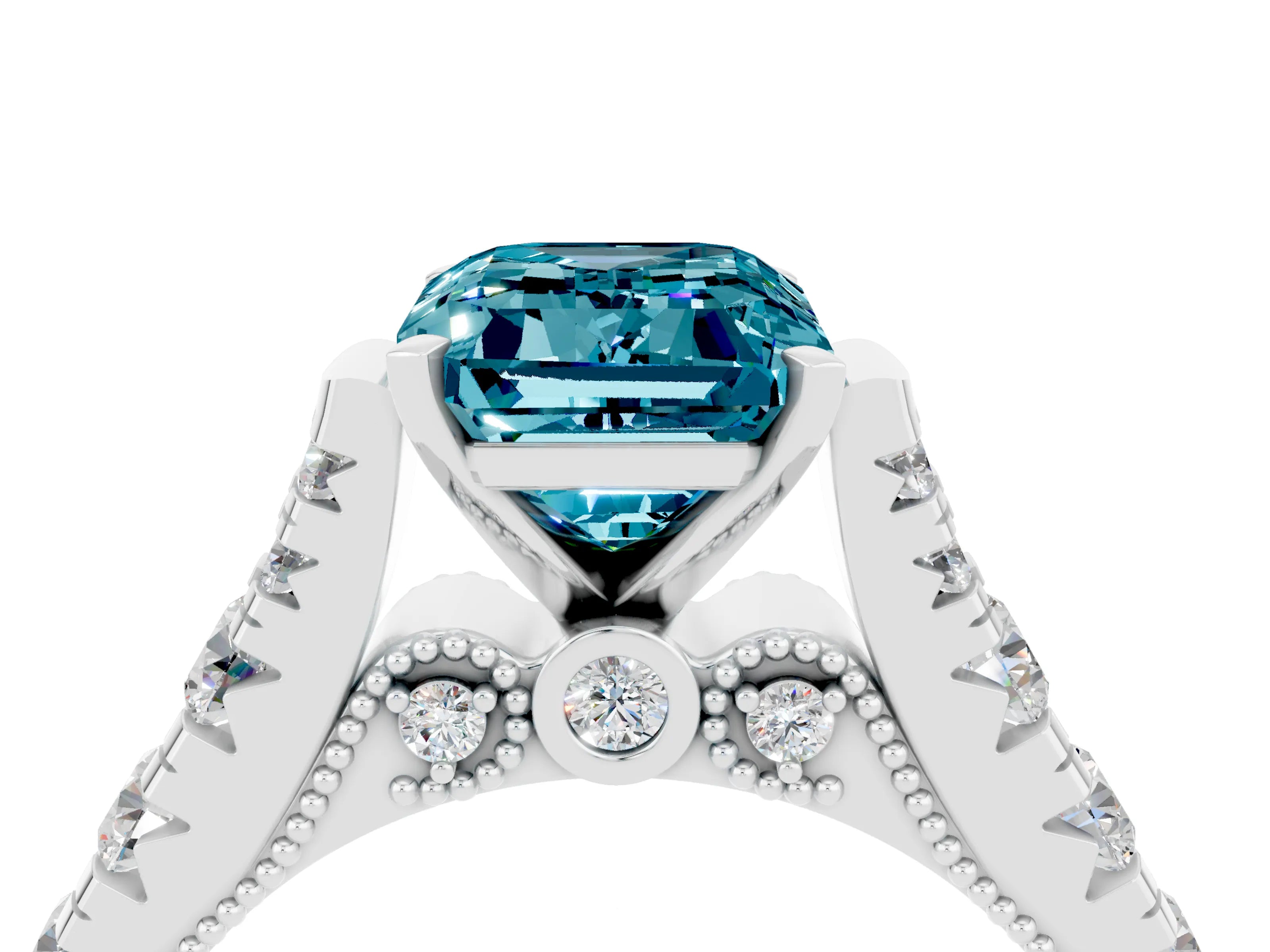 White gold Emerald Cut Blue Topaz Classic Solitaire Ring with Pavé Band and Four-Prong Setting_4