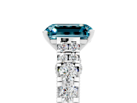 White gold Emerald Cut Blue Topaz Classic Solitaire Ring with Pavé Band and Four-Prong Setting_5