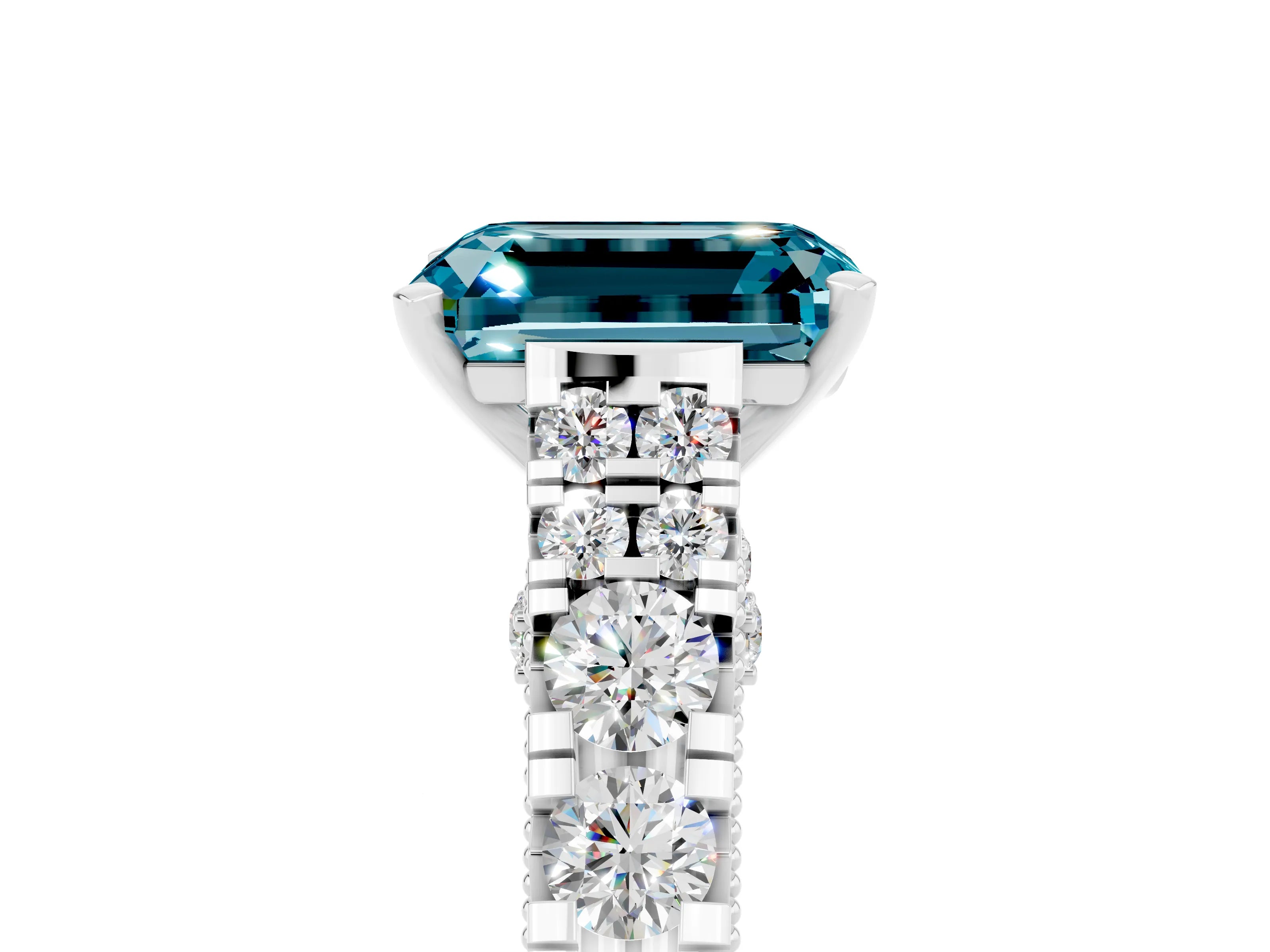 White gold Emerald Cut Blue Topaz Classic Solitaire Ring with Pavé Band and Four-Prong Setting_5