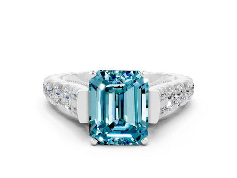 White gold Emerald Cut Blue Topaz Classic Solitaire Ring with Pavé Band and Four-Prong Setting