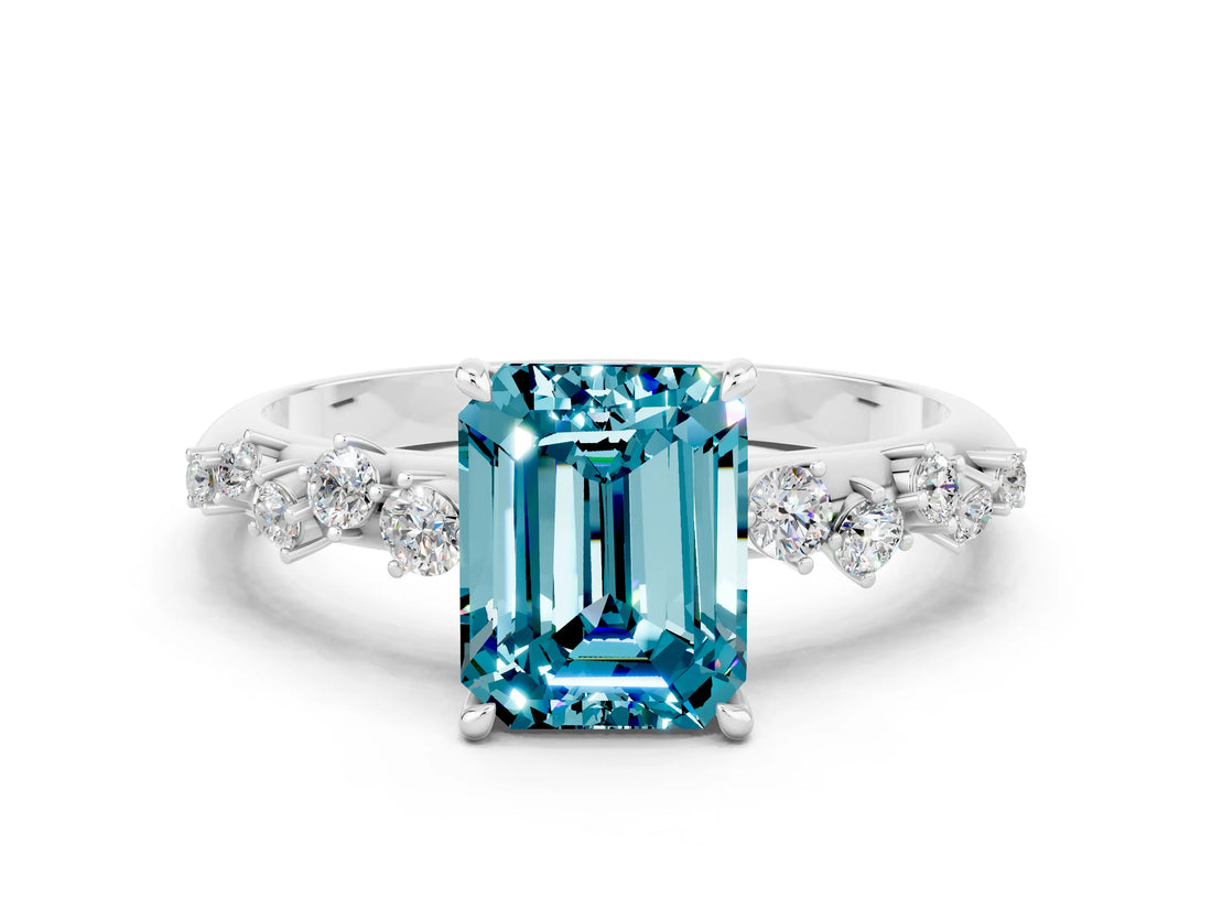 White gold Emerald Cut Blue Topaz Cluster Side Stone Solitaire Ring with Prong Setting_24