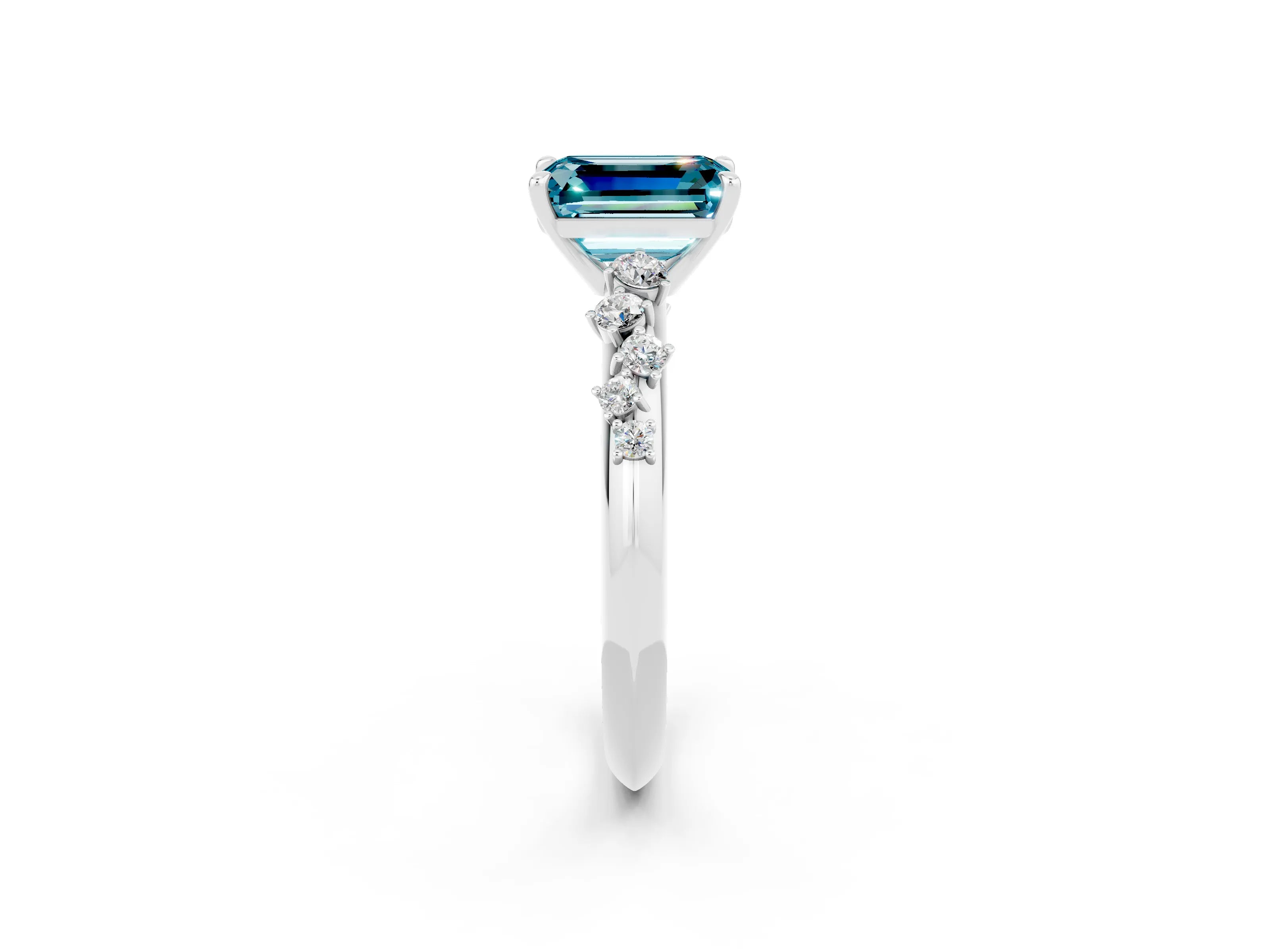 White gold Emerald Cut Blue Topaz Cluster Side Stone Solitaire Ring with Prong Setting_26