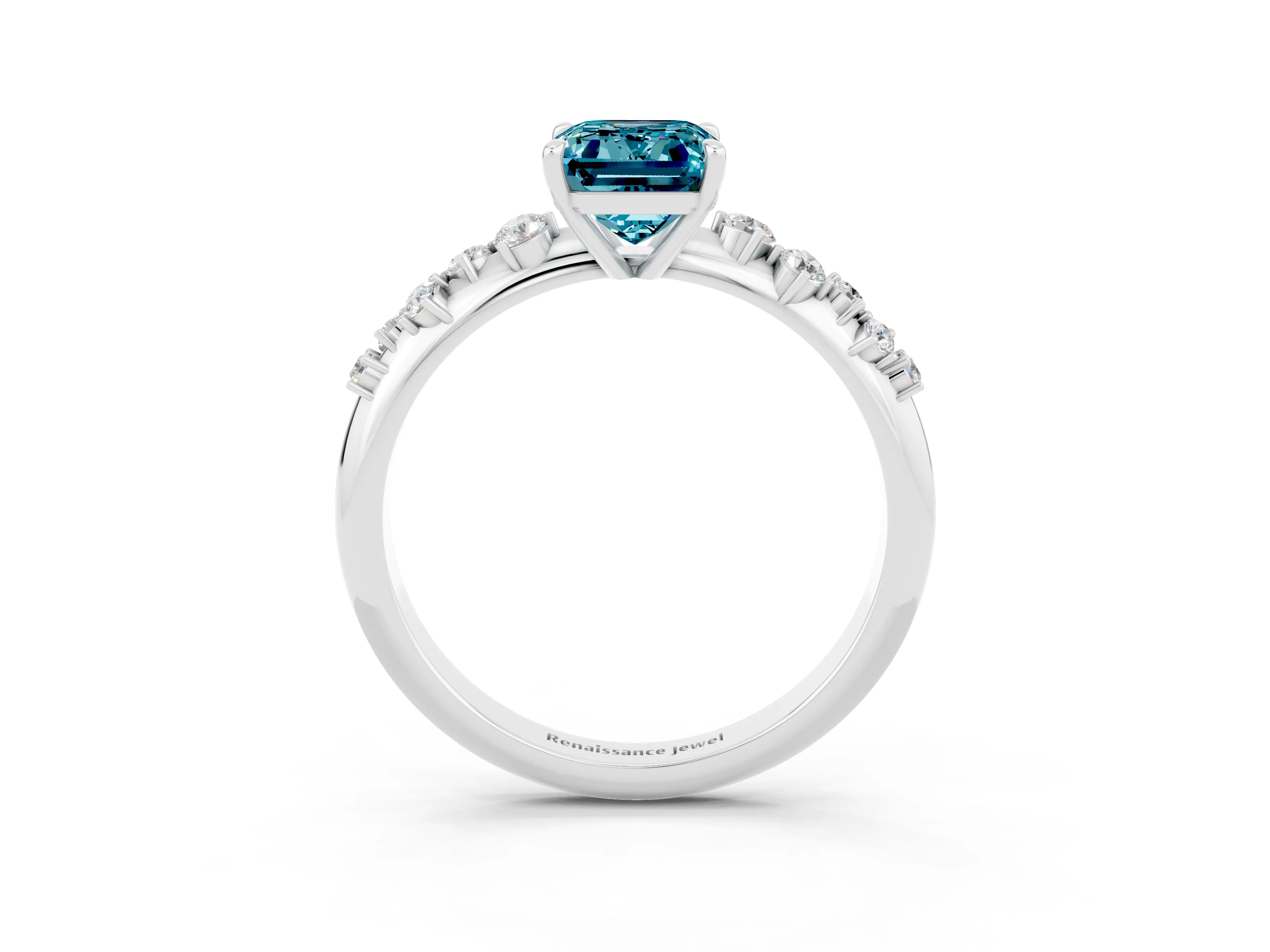 White gold Emerald Cut Blue Topaz Cluster Side Stone Solitaire Ring with Prong Setting_27