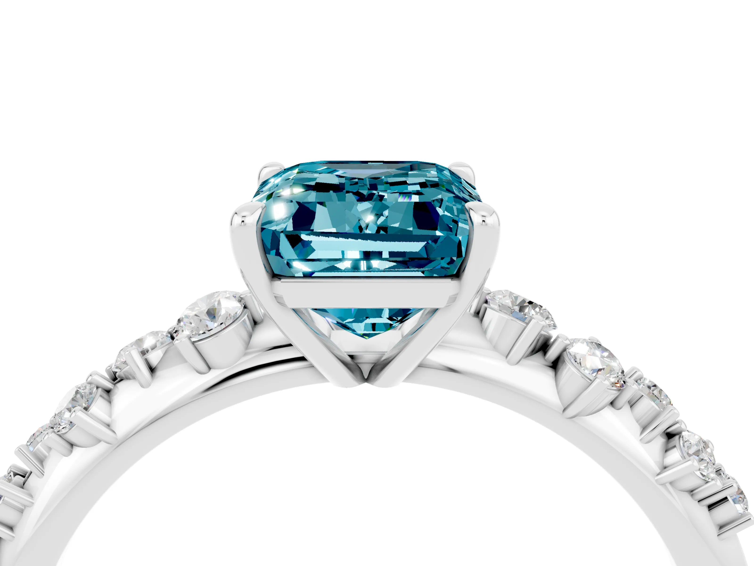 White gold Emerald Cut Blue Topaz Cluster Side Stone Solitaire Ring with Prong Setting_28