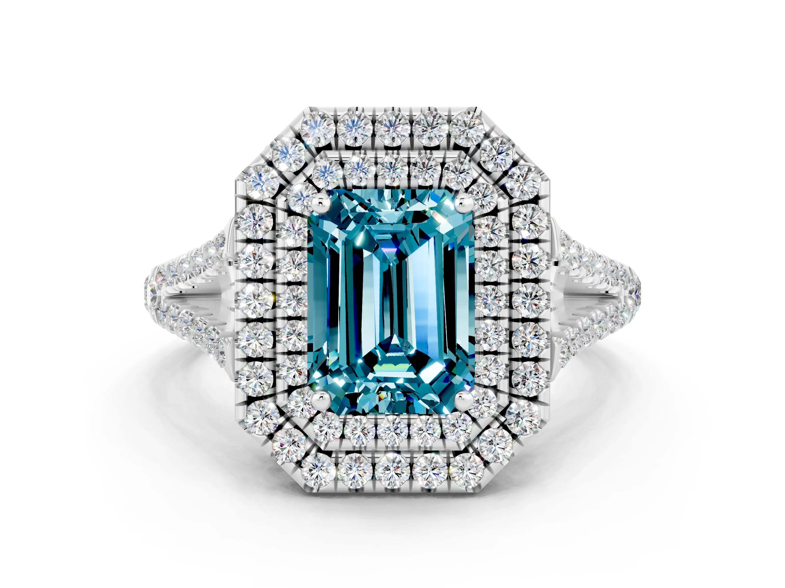 White gold Emerald Cut Blue Topaz Double Halo Ring with Pavé Band and Prong Setting_12