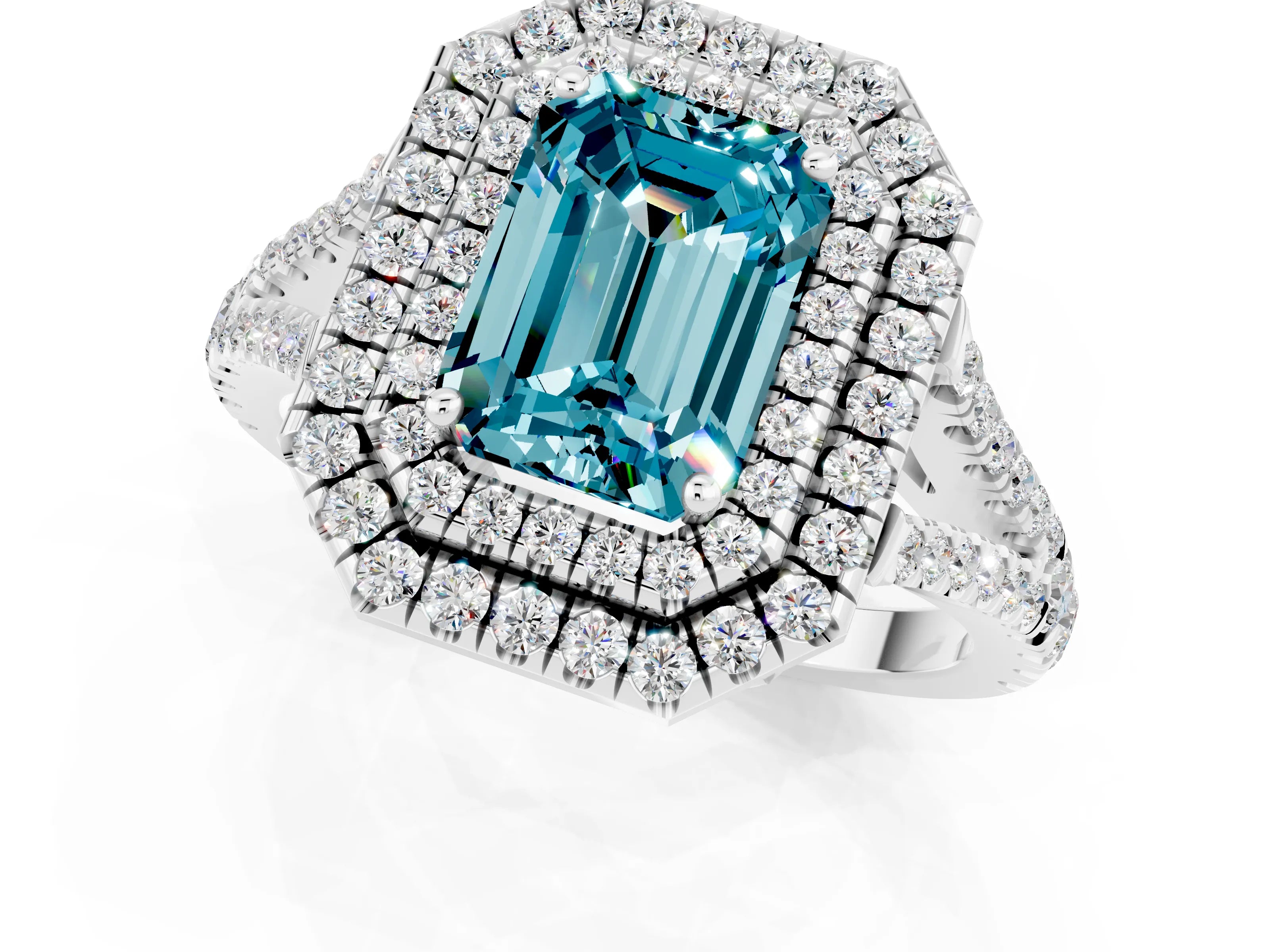 White gold Emerald Cut Blue Topaz Double Halo Ring with Pavé Band and Prong Setting_13