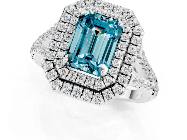 White gold Emerald Cut Blue Topaz Double Halo Ring with Pavé Band and Prong Setting