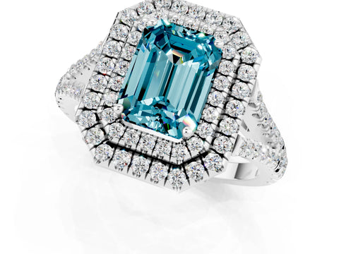 White gold Emerald Cut Blue Topaz Double Halo Ring with Pavé Band and Prong Setting_13