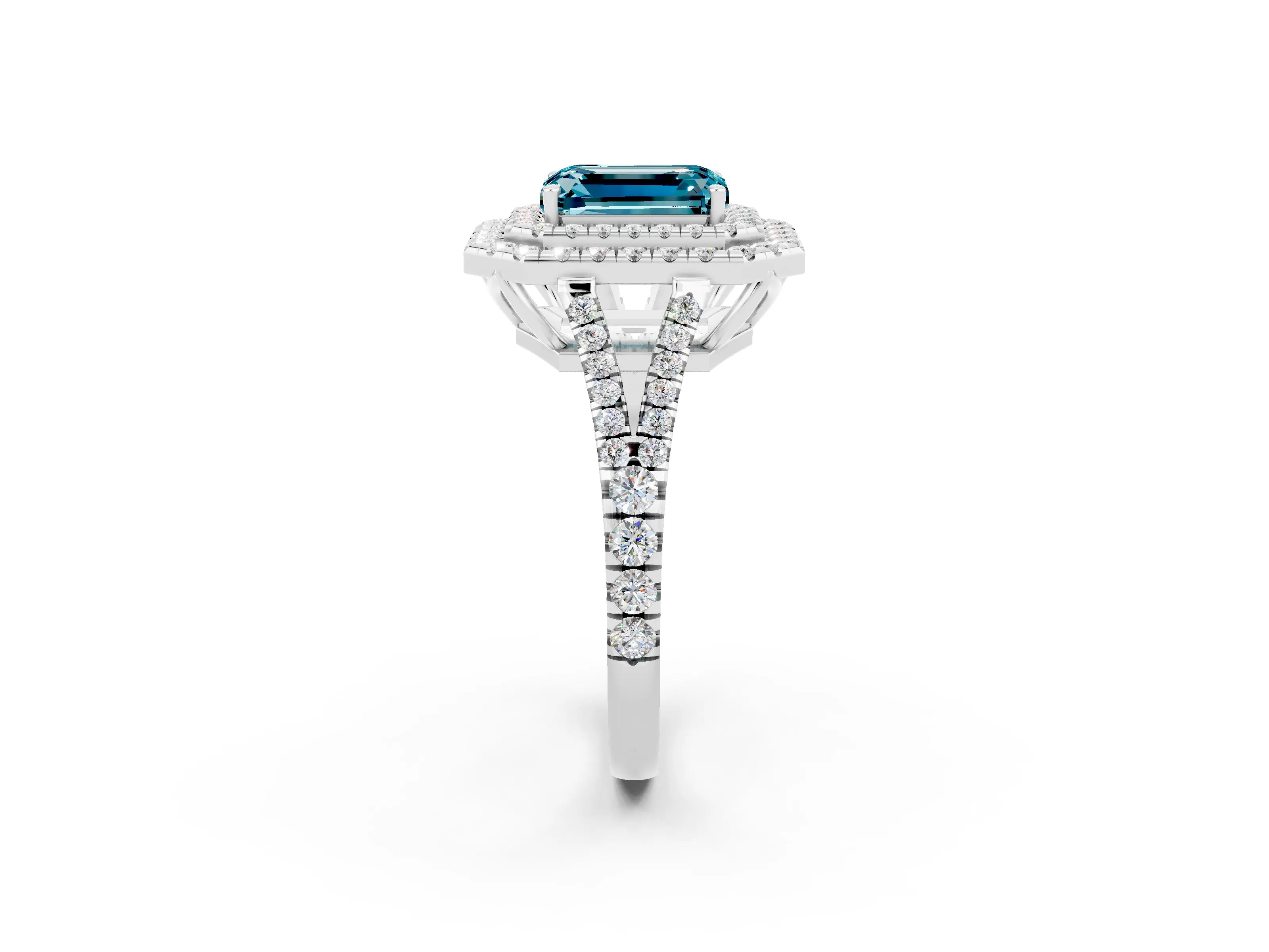 White gold Emerald Cut Blue Topaz Double Halo Ring with Pavé Band and Prong Setting_14