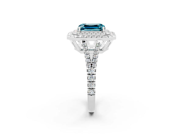 Silver Emerald Cut Blue Topaz Double Halo Ring with Pavé Band and Prong Setting