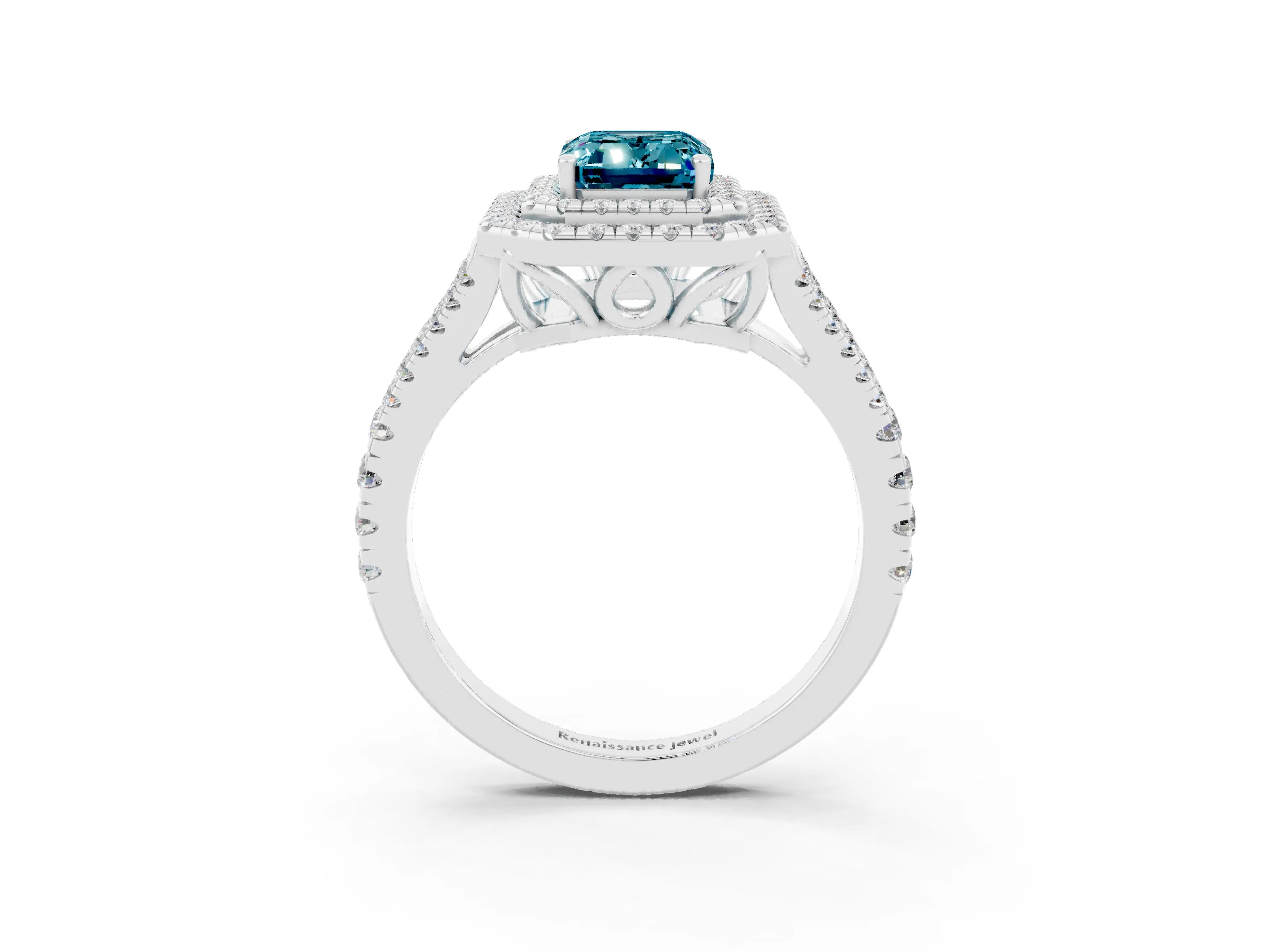 White gold Emerald Cut Blue Topaz Double Halo Ring with Pavé Band and Prong Setting_15