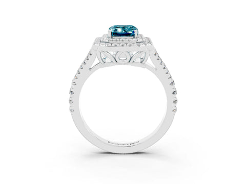 White gold Emerald Cut Blue Topaz Double Halo Ring with Pavé Band and Prong Setting_15