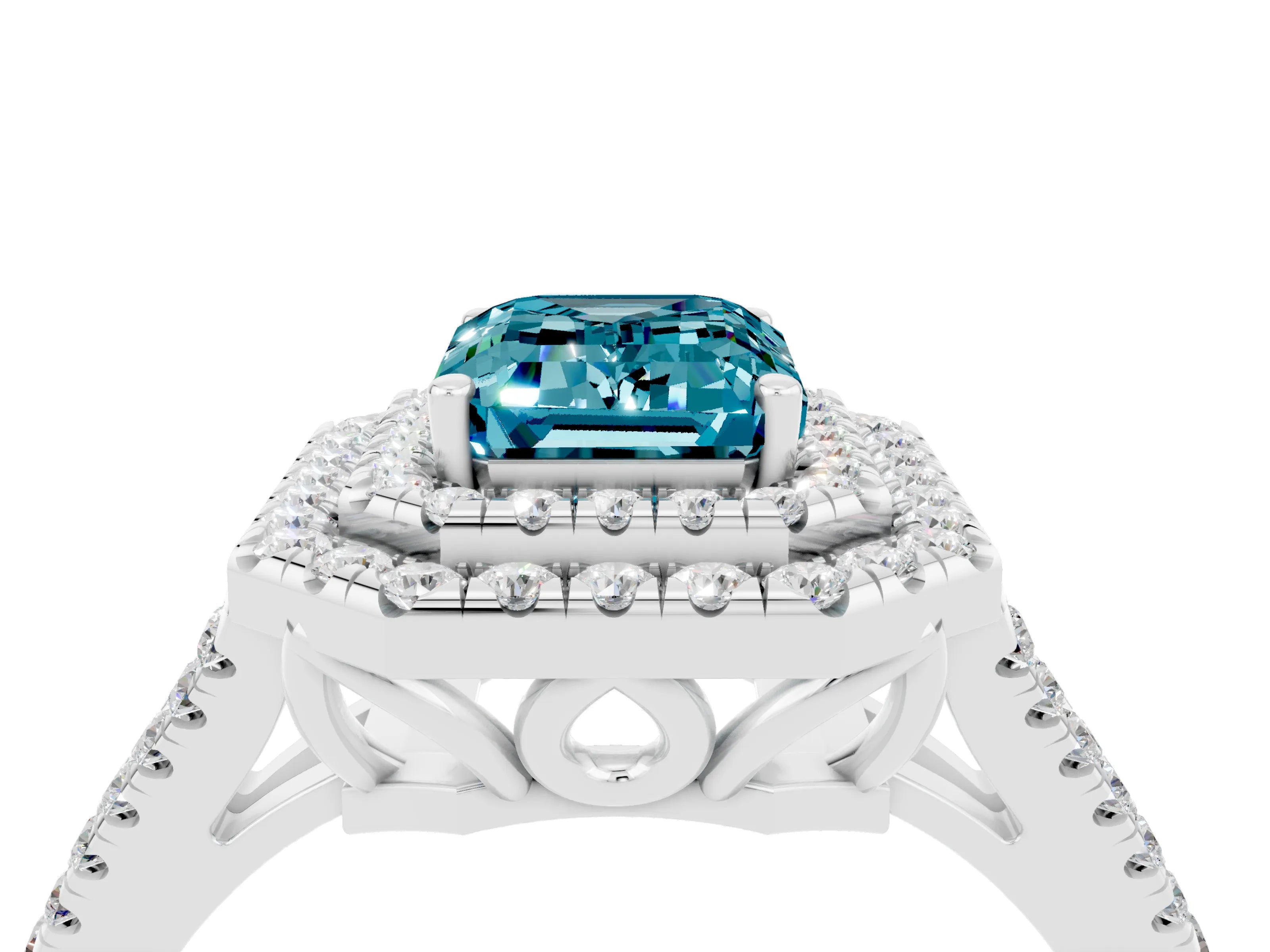 White gold Emerald Cut Blue Topaz Double Halo Ring with Pavé Band and Prong Setting_16