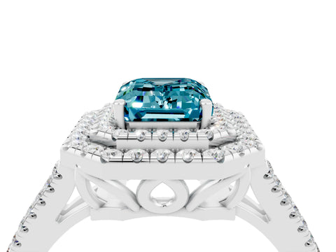 White gold Emerald Cut Blue Topaz Double Halo Ring with Pavé Band and Prong Setting_16