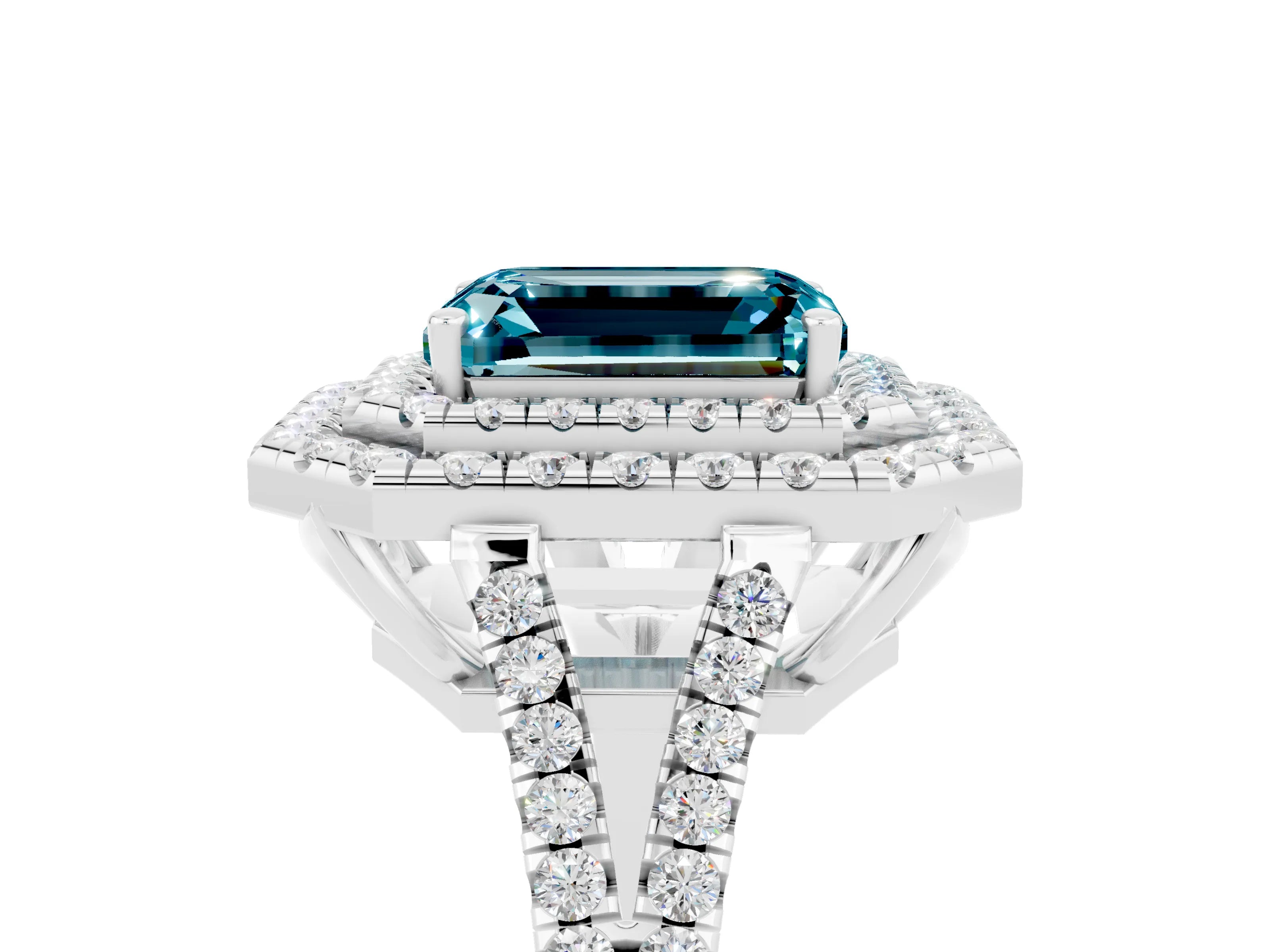 White gold Emerald Cut Blue Topaz Double Halo Ring with Pavé Band and Prong Setting_17