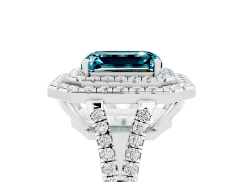 White gold Emerald Cut Blue Topaz Double Halo Ring with Pavé Band and Prong Setting_17