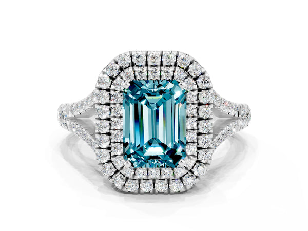 Silver Emerald Cut Blue Topaz Double Halo Ring with Split Shank and Prong Setting