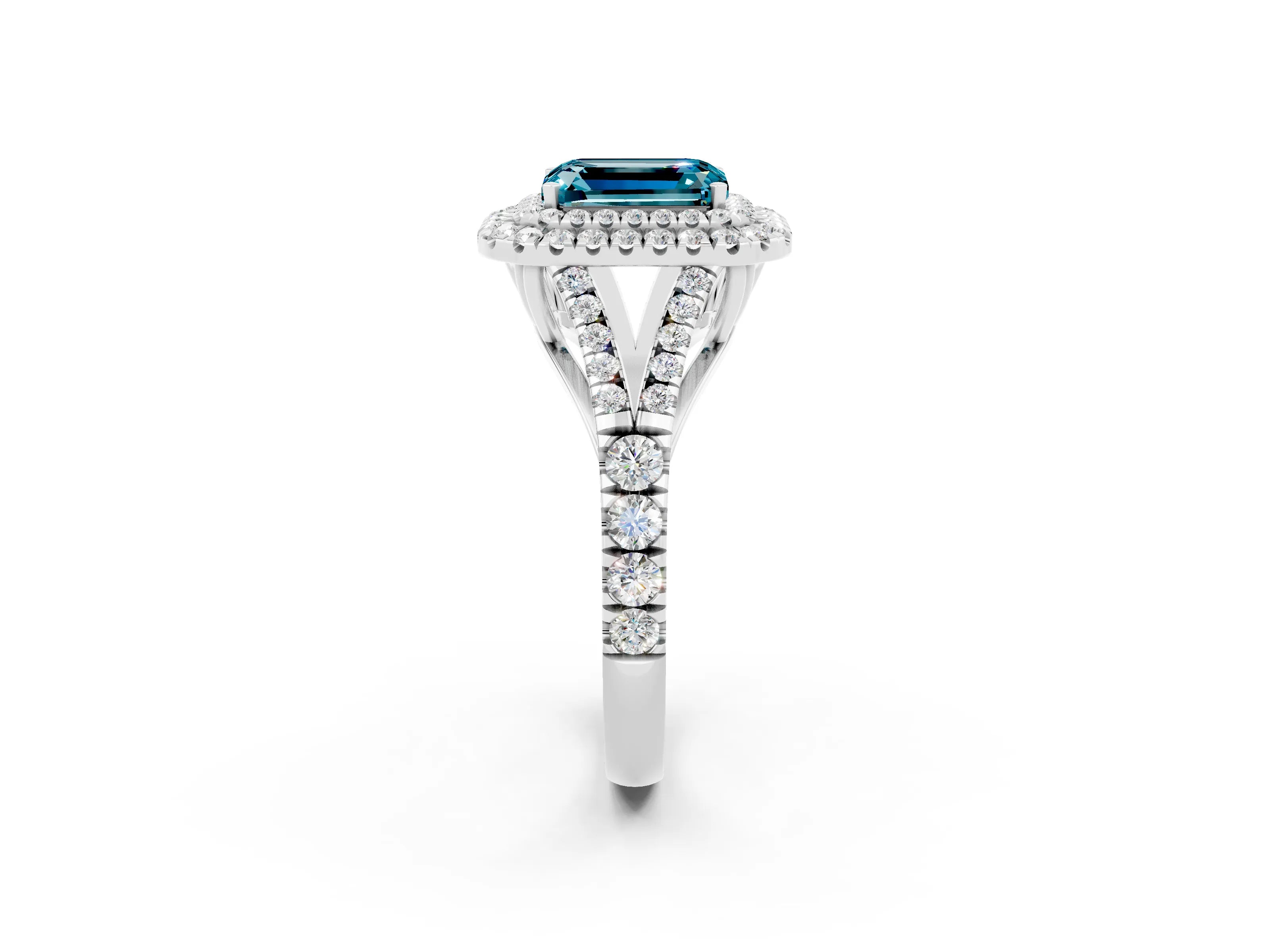 White gold Emerald Cut Blue Topaz Double Halo Ring with Split Shank and Prong Setting_14
