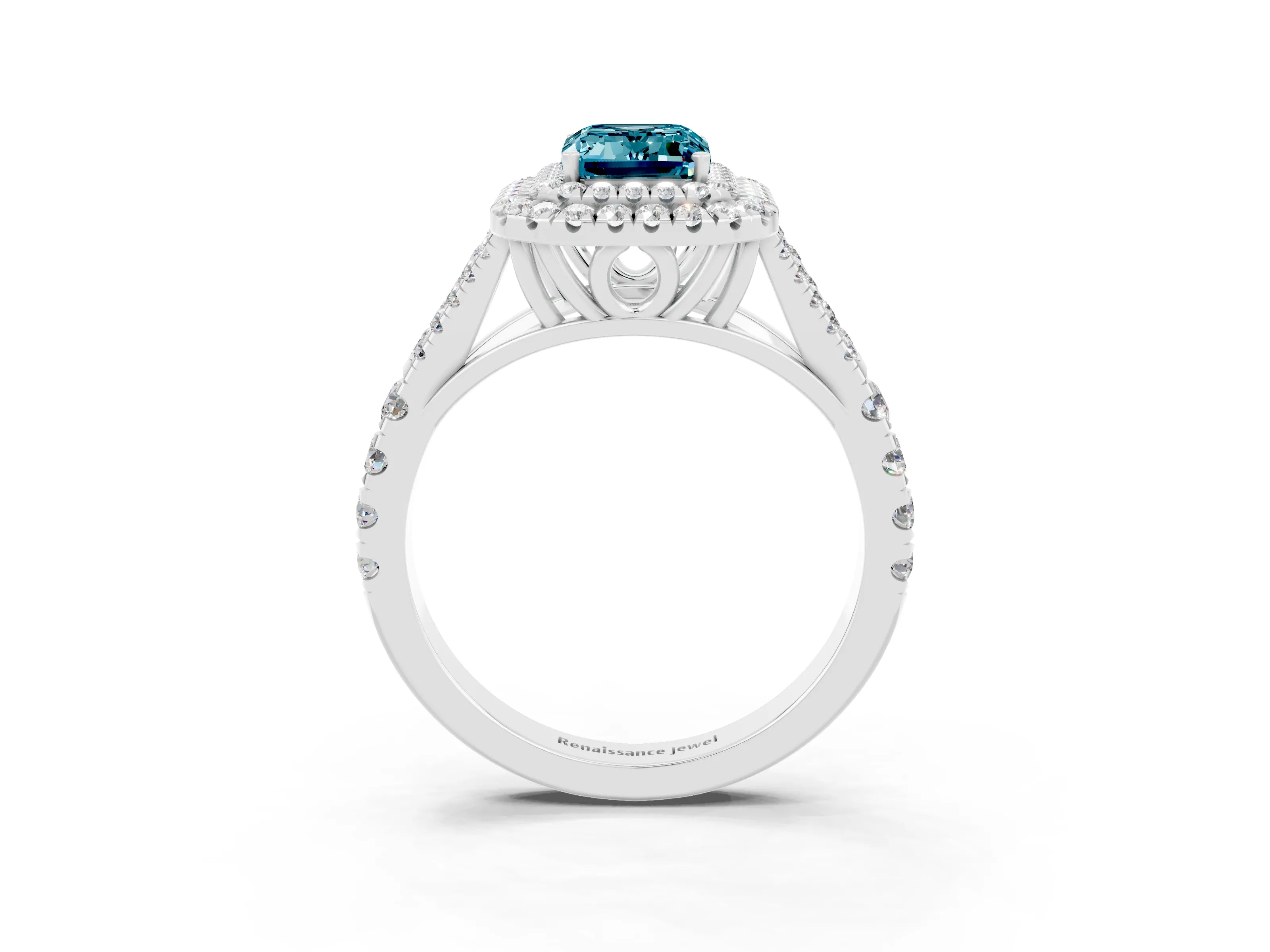White gold Emerald Cut Blue Topaz Double Halo Ring with Split Shank and Prong Setting_15