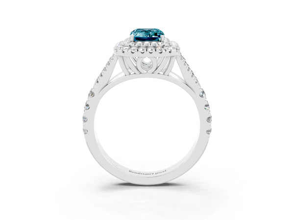 Platinum Emerald Cut Blue Topaz Double Halo Ring with Split Shank and Prong Setting