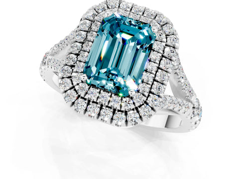 White gold Emerald Cut Blue Topaz Double Halo Ring with Split Shank and Prong Setting_25