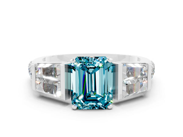 Platinum Emerald Cut Blue Topaz Engagement Ring with Baguette Side Stones and Channel Set Band