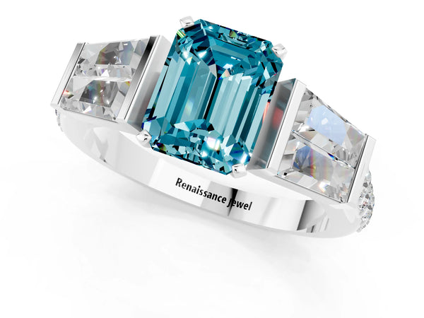 White gold Emerald Cut Blue Topaz Engagement Ring with Baguette Side Stones and Channel Set Band