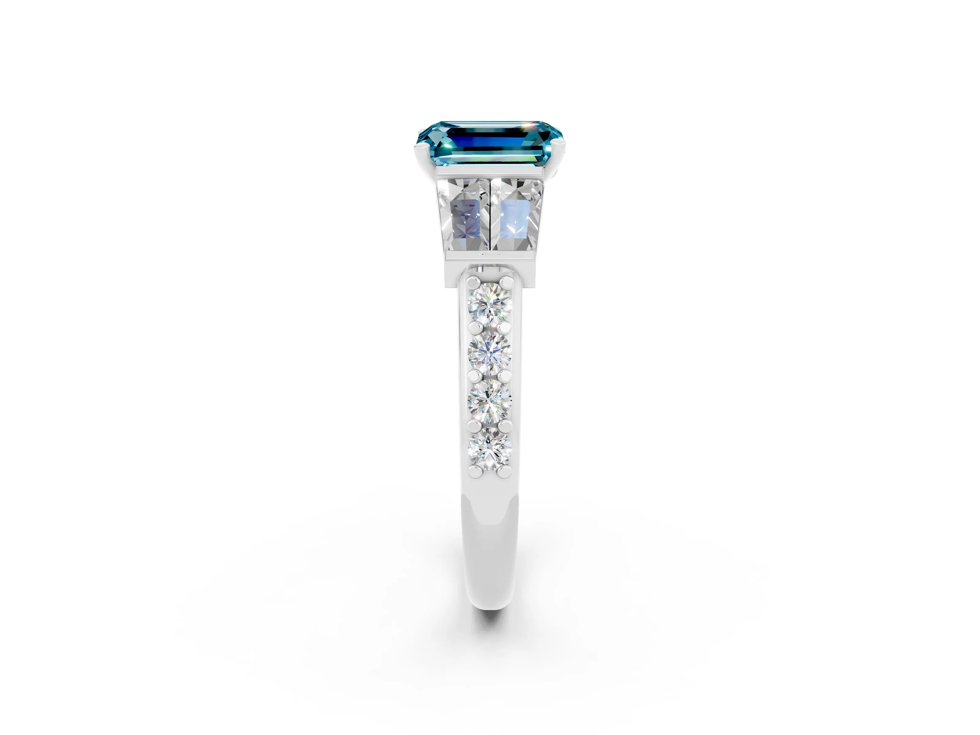 White gold Emerald Cut Blue Topaz Engagement Ring with Baguette Side Stones and Channel Set Band_2