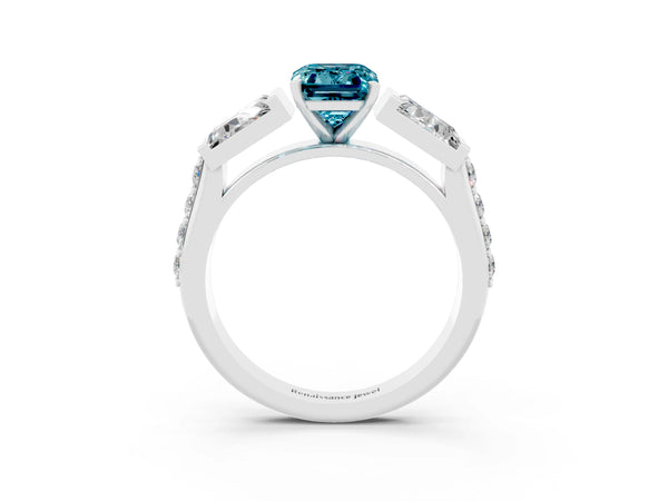 Silver Emerald Cut Blue Topaz Engagement Ring with Baguette Side Stones and Channel Set Band