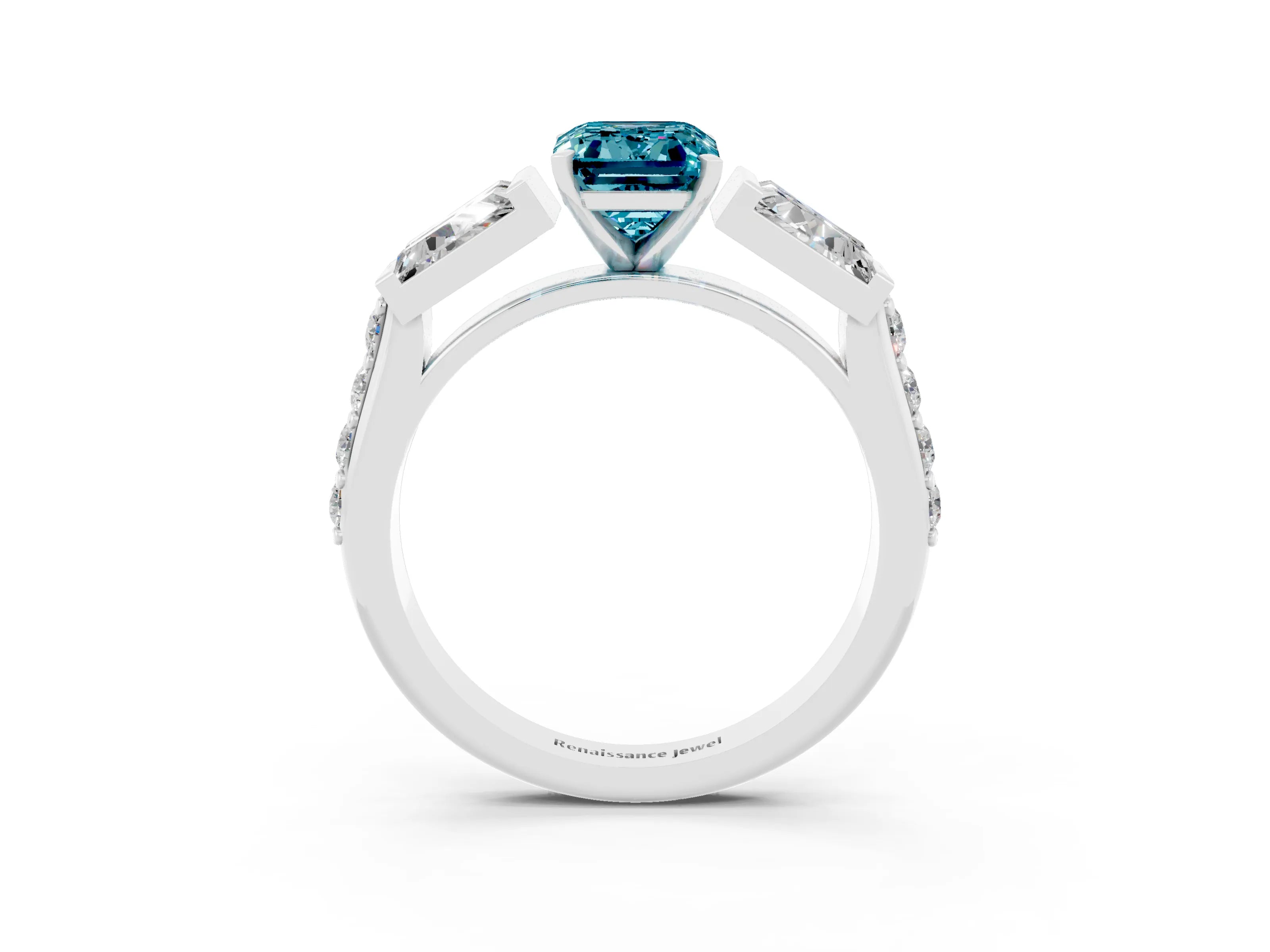 White gold Emerald Cut Blue Topaz Engagement Ring with Baguette Side Stones and Channel Set Band_3