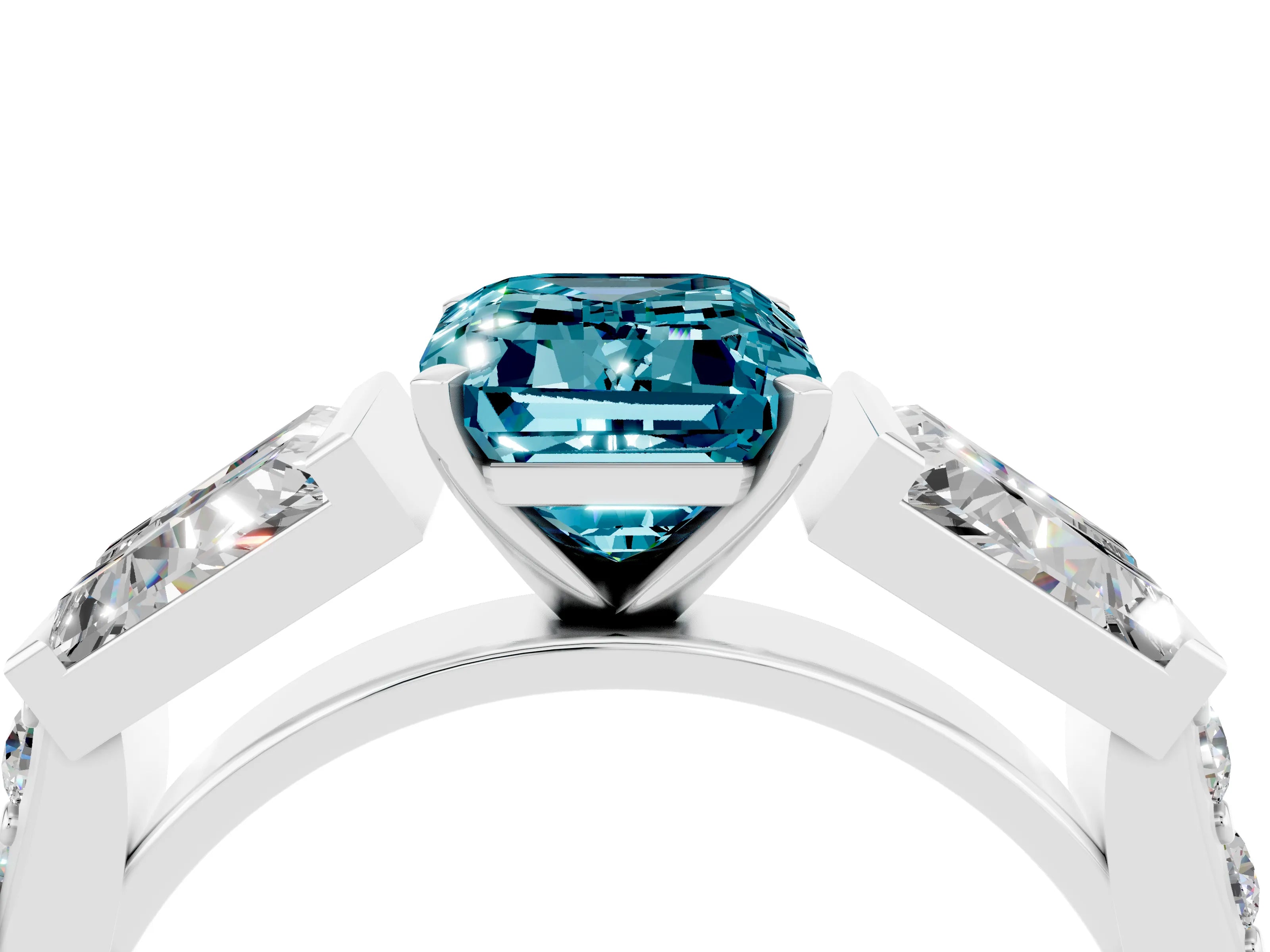 White gold Emerald Cut Blue Topaz Engagement Ring with Baguette Side Stones and Channel Set Band_4
