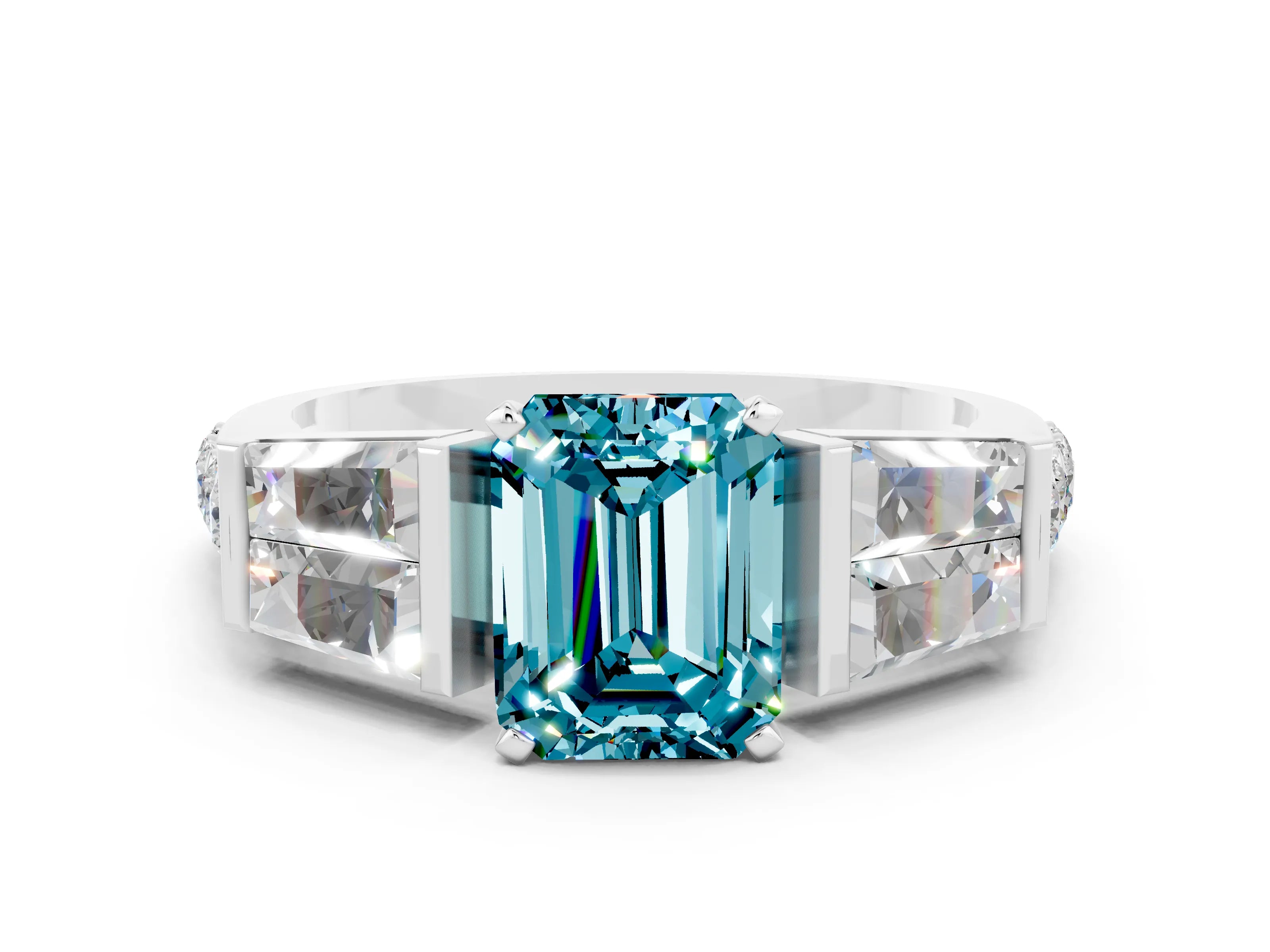 White gold Emerald Cut Blue Topaz Engagement Ring with Baguette Side Stones and Channel Set Band